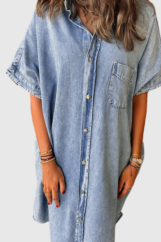 Light Blue Loose Medium Wash Short Sleeve Shirt Chambray Dress