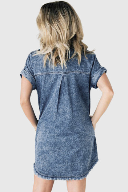 Blue Mineral Wash Cuffed Sleeve Frayed Hem Denim Dress
