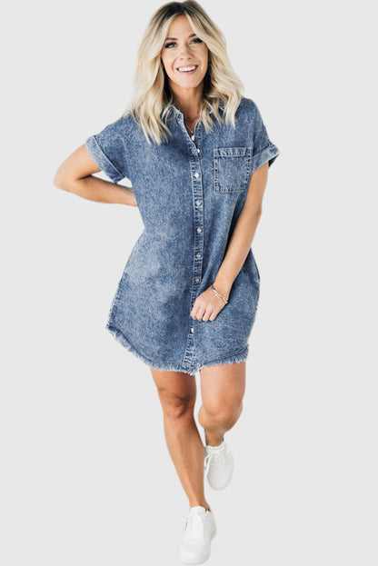 Blue Mineral Wash Cuffed Sleeve Frayed Hem Denim Dress