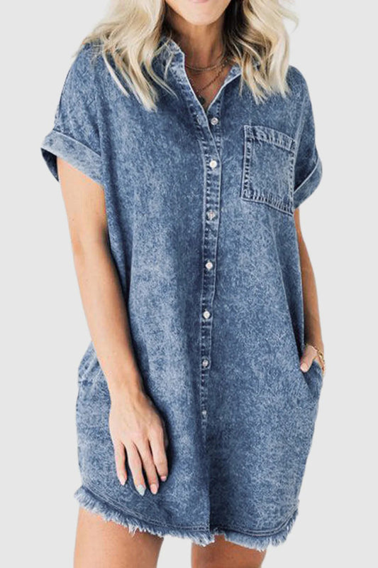 Blue Mineral Wash Cuffed Sleeve Frayed Hem Denim Dress