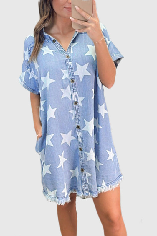 Sky Blue Stars Frayed Hem Collared Short Sleeve Denim Dress