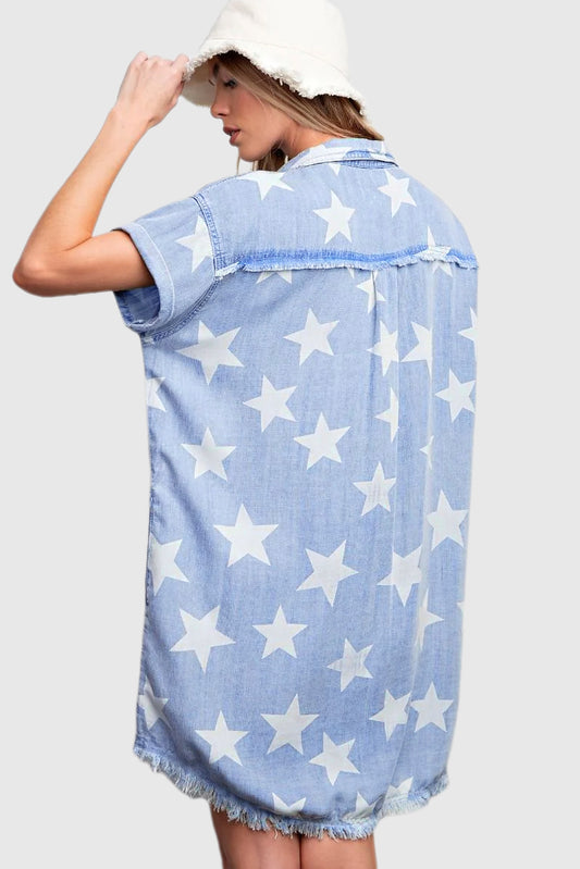 Sky Blue Stars Frayed Hem Collared Short Sleeve Denim Dress