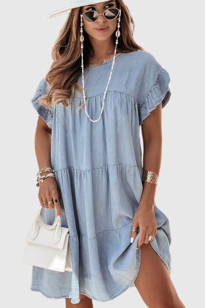 Beau Blue Ruffle Short Sleeve Tiered A-line Denim Dress
