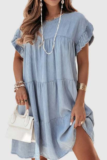 Beau Blue Ruffle Short Sleeve Tiered A-line Denim Dress