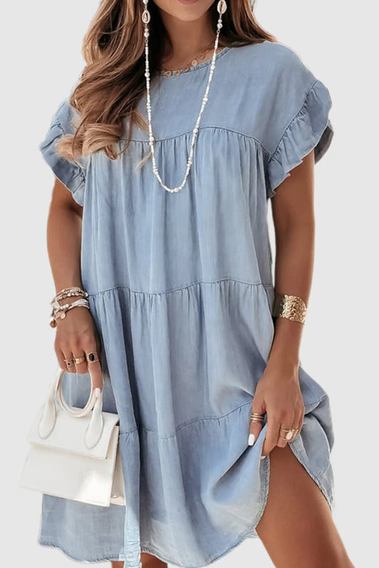 Beau Blue Ruffle Short Sleeve Tiered A-line Denim Dress