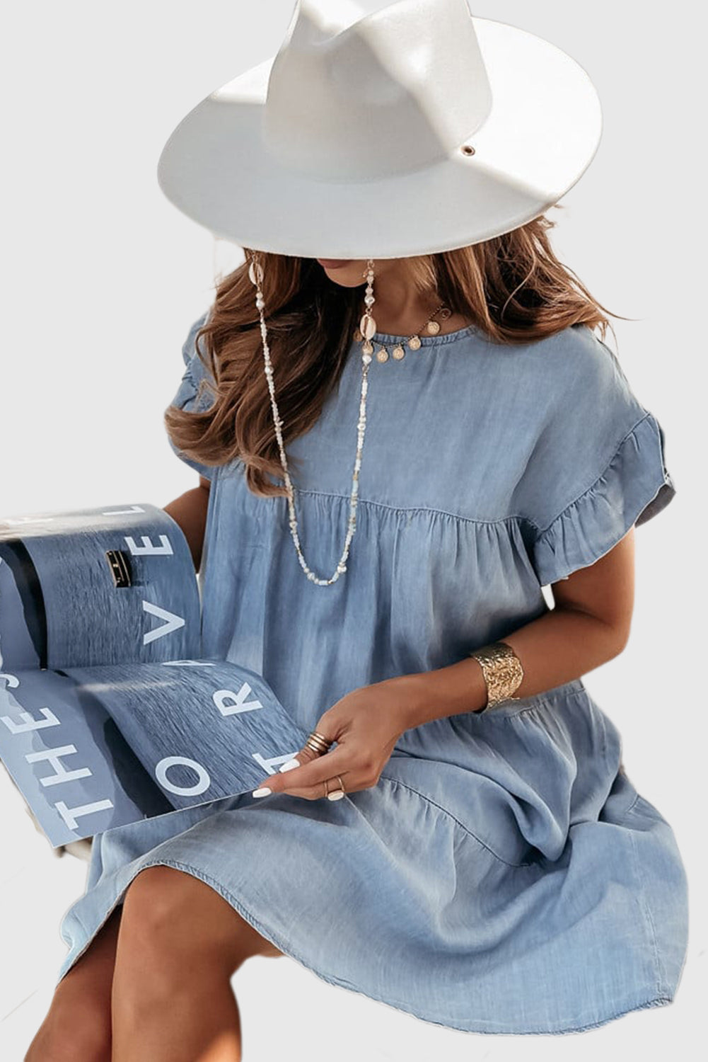Beau Blue Ruffle Short Sleeve Tiered A-line Denim Dress