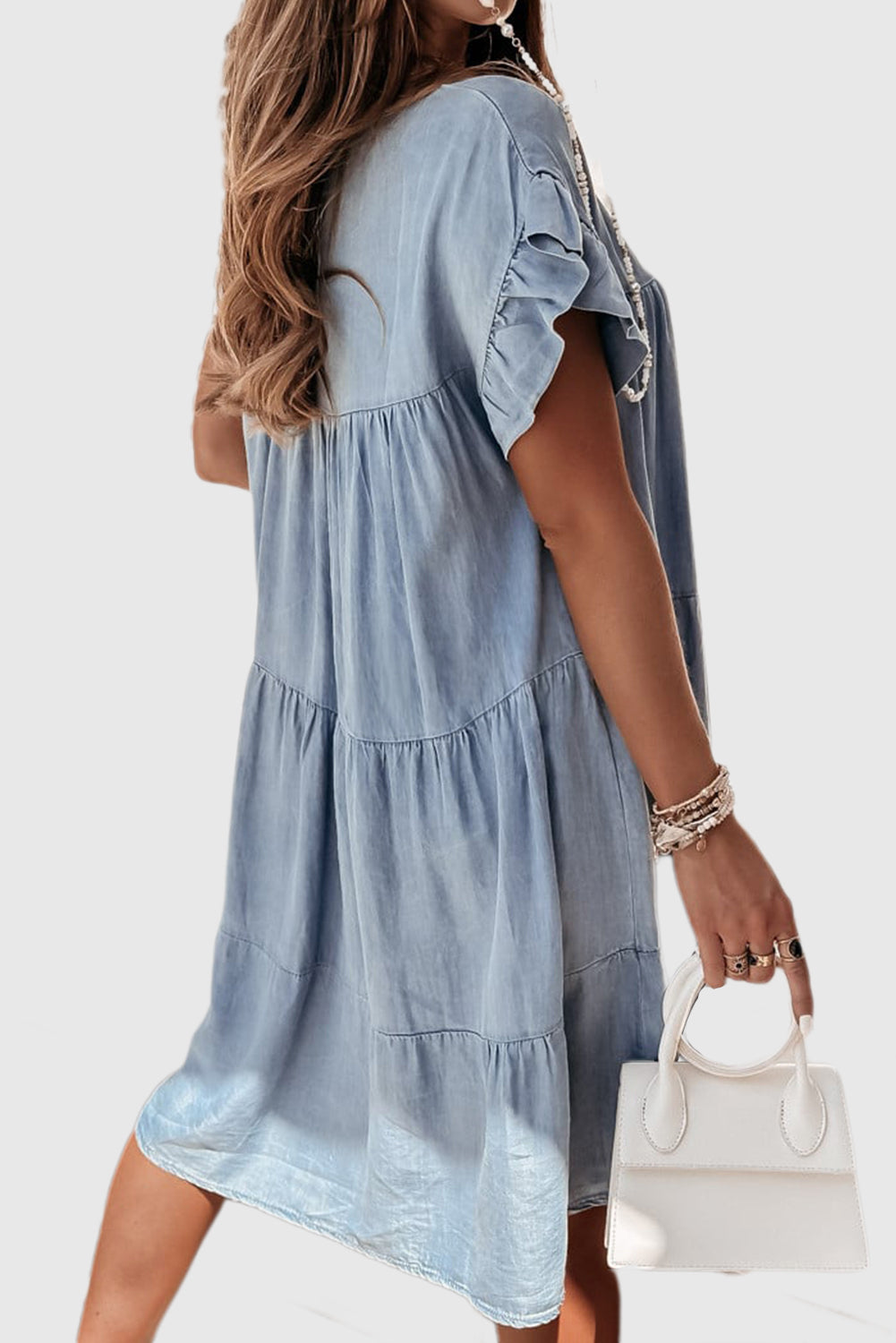 Beau Blue Ruffle Short Sleeve Tiered A-line Denim Dress