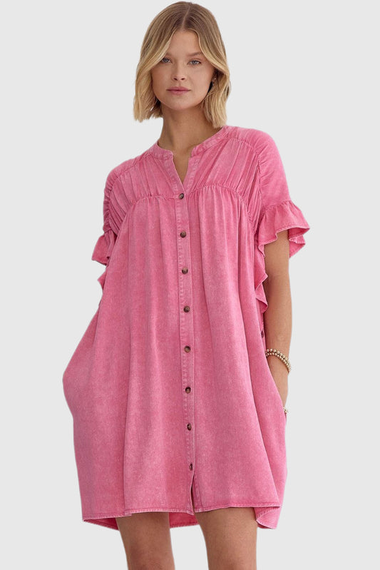 Pink Ruffled Short Sleeve Buttoned Denim Mini Dress