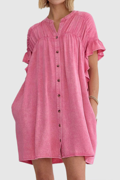 Pink Ruffled Short Sleeve Buttoned Denim Mini Dress