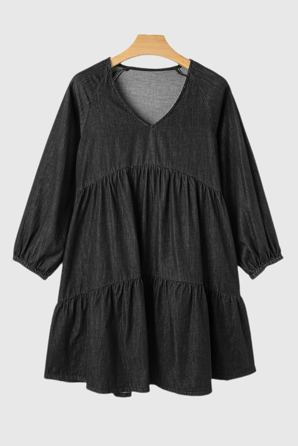 Black Puff Sleeve V Neck Tiered Ruffled Chambray Mini Dress