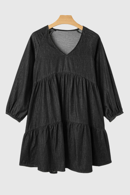 Black Puff Sleeve V Neck Tiered Ruffled Chambray Mini Dress