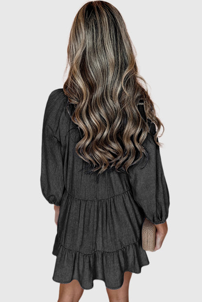 Black Puff Sleeve V Neck Tiered Ruffled Chambray Mini Dress