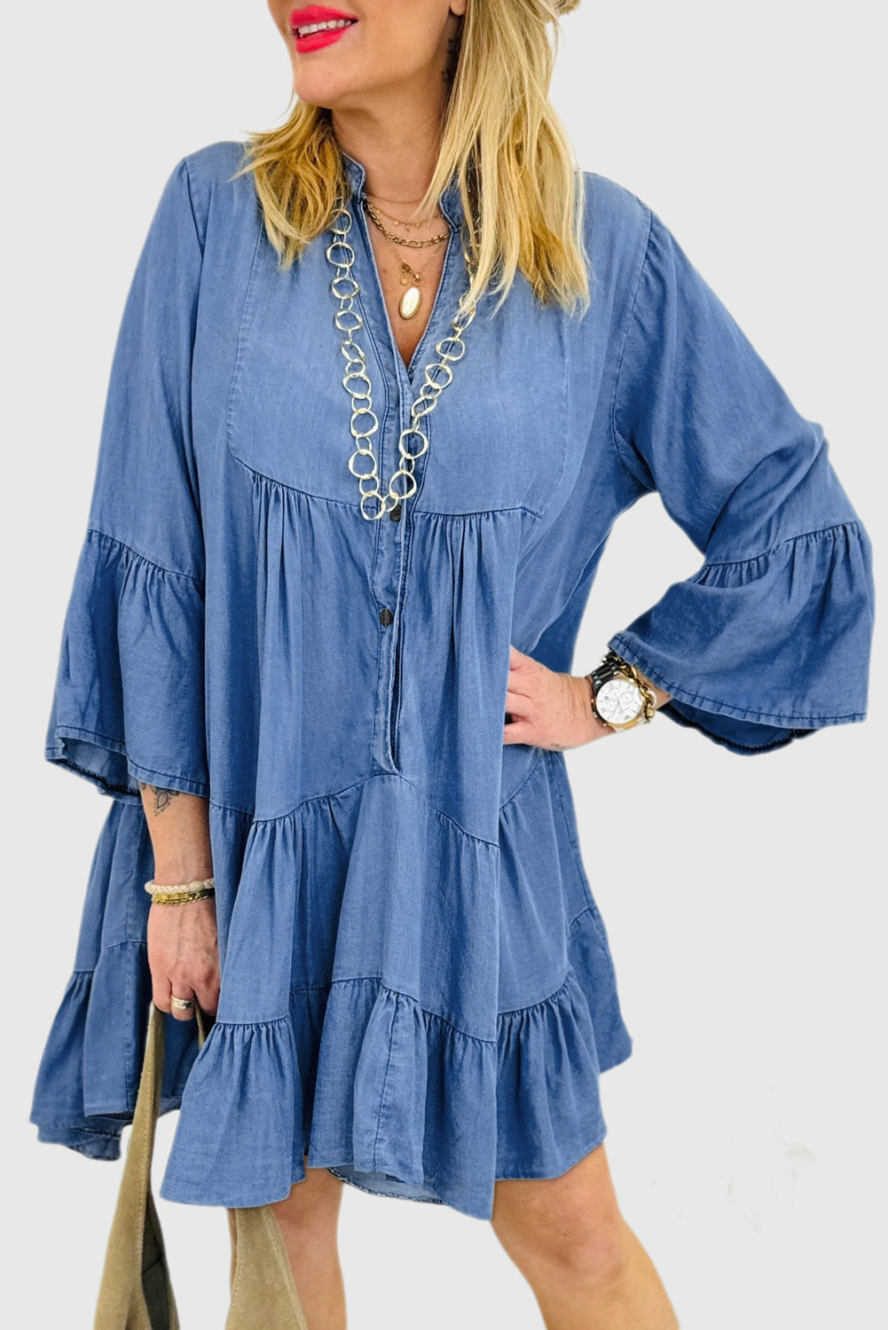 Chambray Ruffled 3/4 Sleeve Tiered Split V Neck Mini Dress