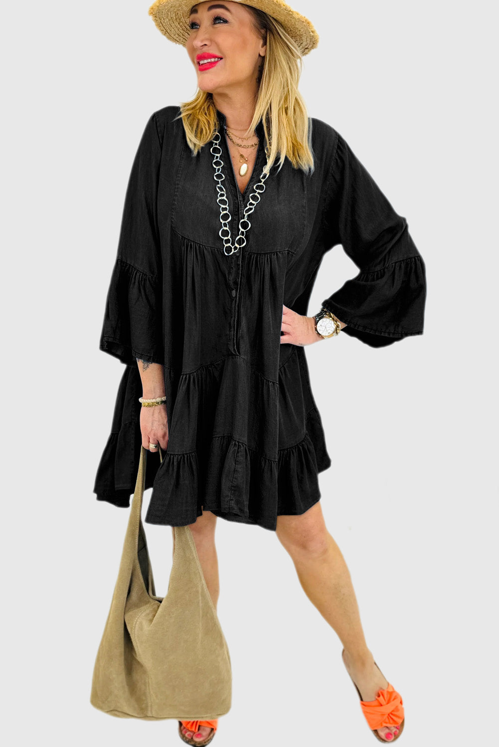 Chambray Ruffled 3/4 Sleeve Tiered Split V Neck Mini Dress