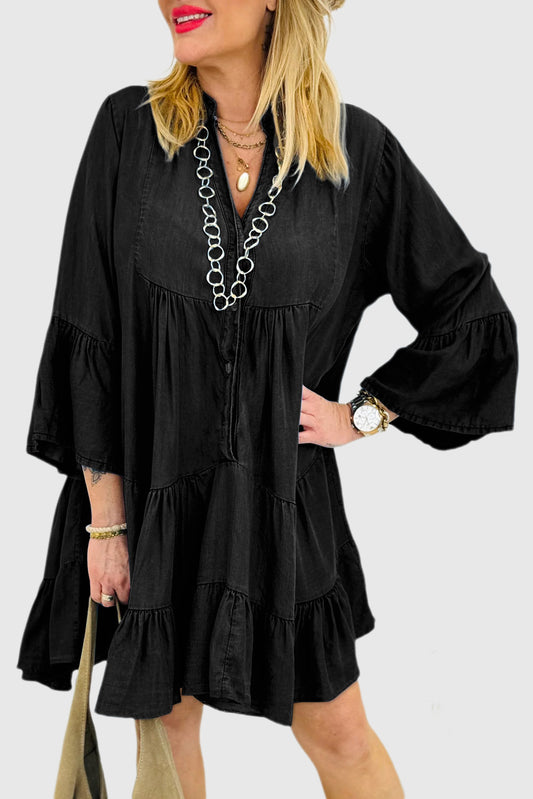 Chambray Ruffled 3/4 Sleeve Tiered Split V Neck Mini Dress