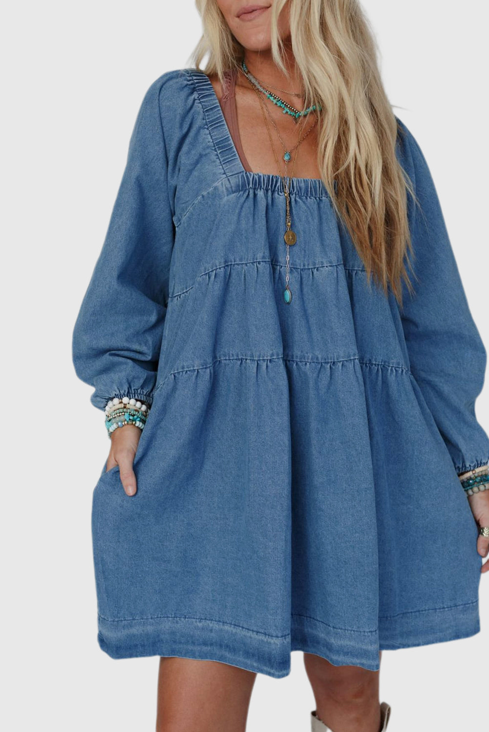 Dusk Blue Square Neck Side Pockets Loose Fit Denim Mini Dress