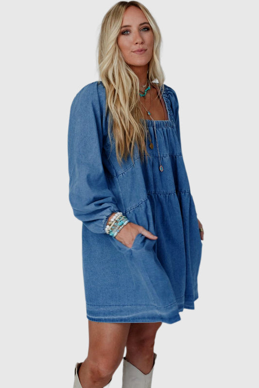 Dusk Blue Square Neck Side Pockets Loose Fit Denim Mini Dress