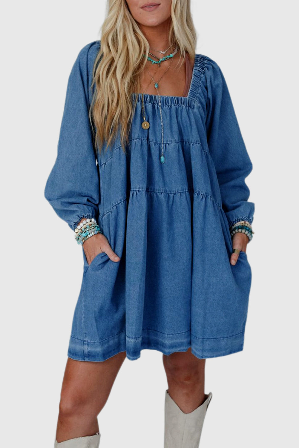 Dusk Blue Square Neck Side Pockets Loose Fit Denim Mini Dress