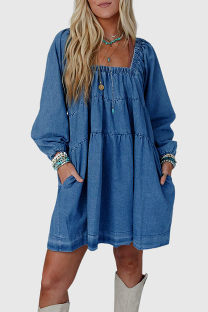 Dusk Blue Square Neck Side Pockets Loose Fit Denim Mini Dress