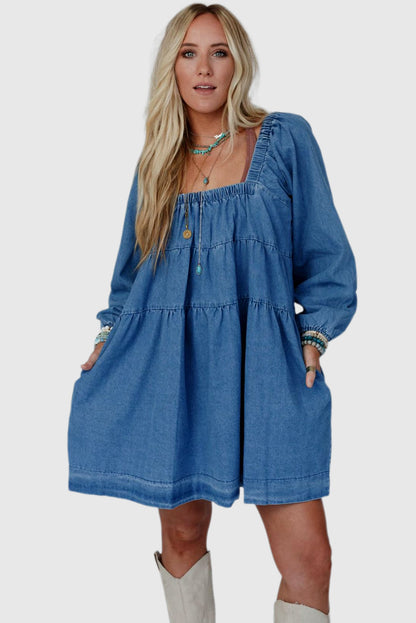 Dusk Blue Square Neck Side Pockets Loose Fit Denim Mini Dress