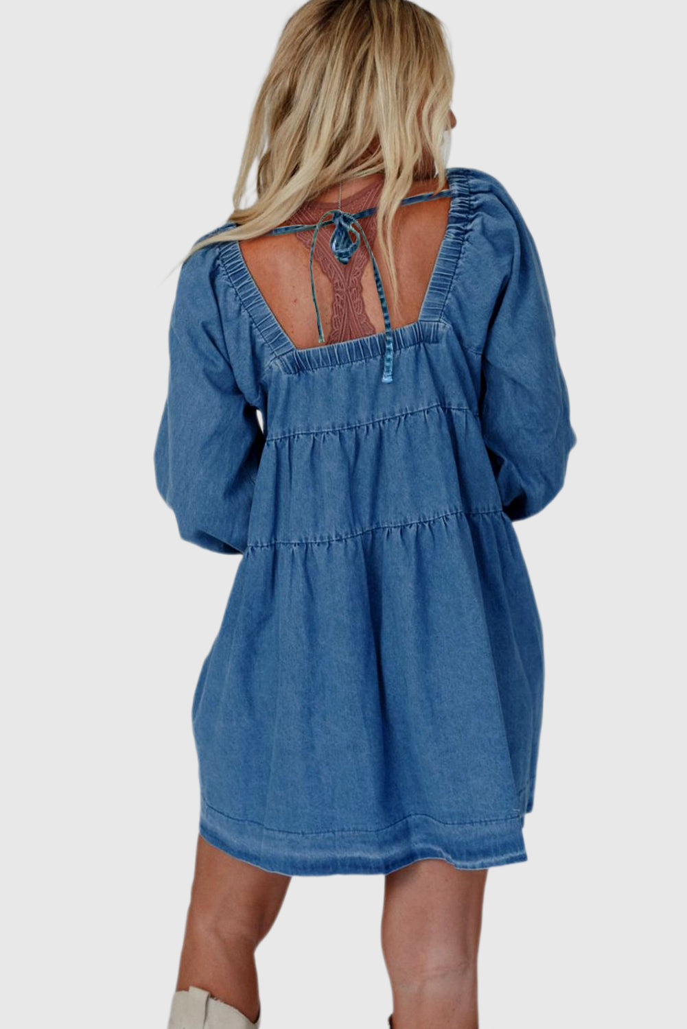 Dusk Blue Square Neck Side Pockets Loose Fit Denim Mini Dress