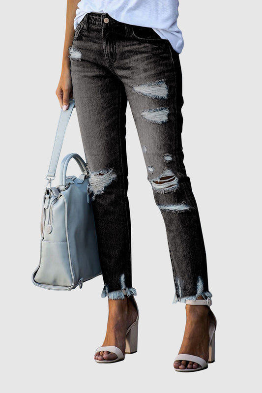 Women's Solid Color Fashion Distressed Jeans