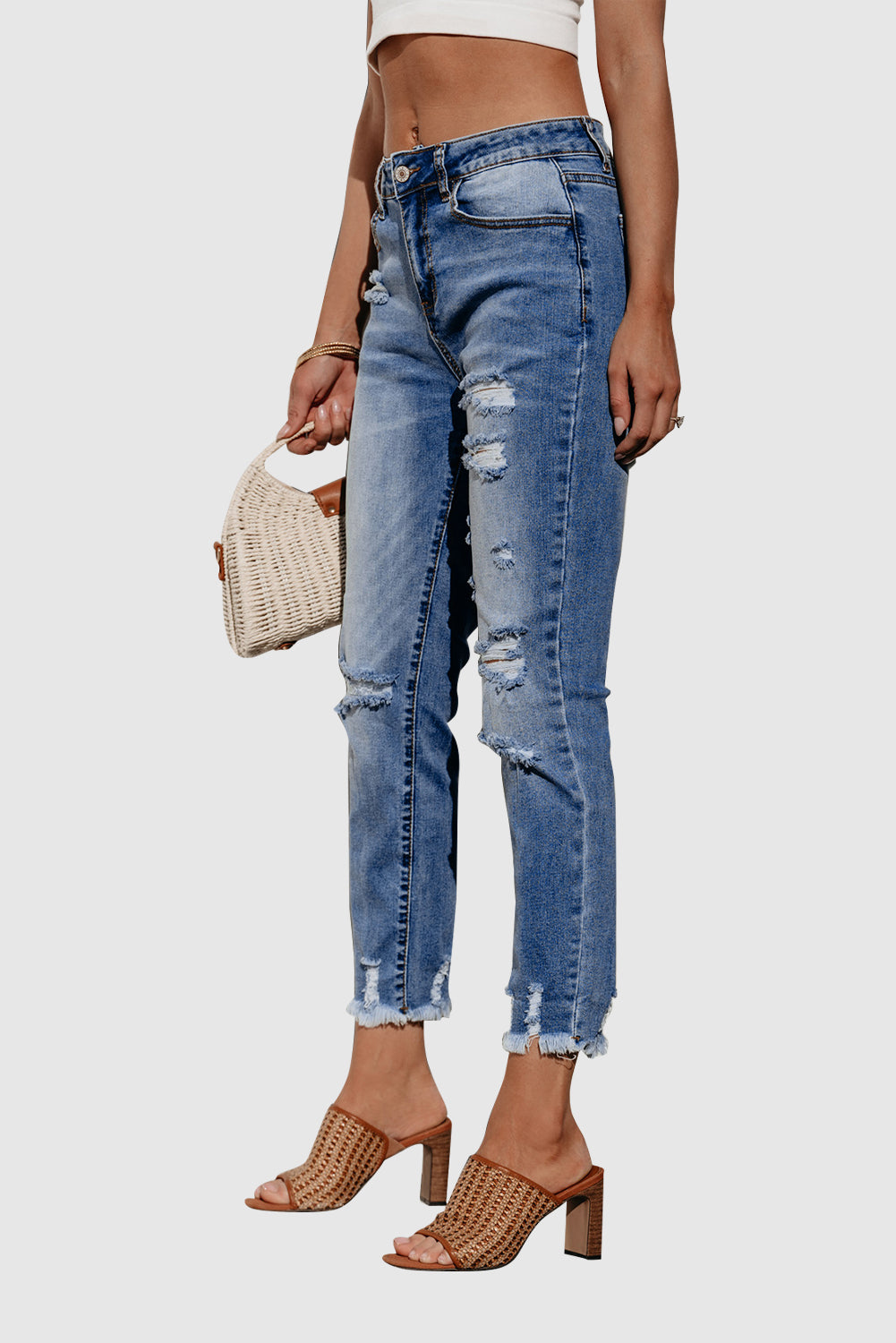 Women's Solid Color Fashion Distressed Jeans