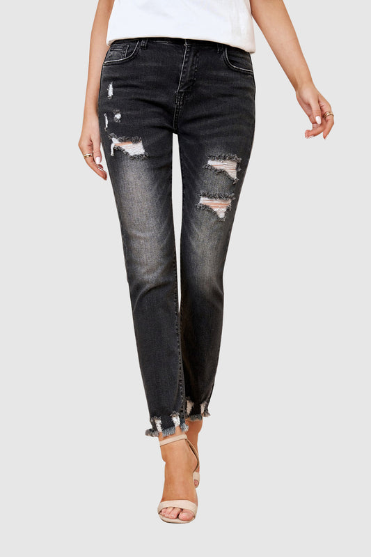 Solid Color Casual Mid-Rise Skinny Jeans with Ripped Details