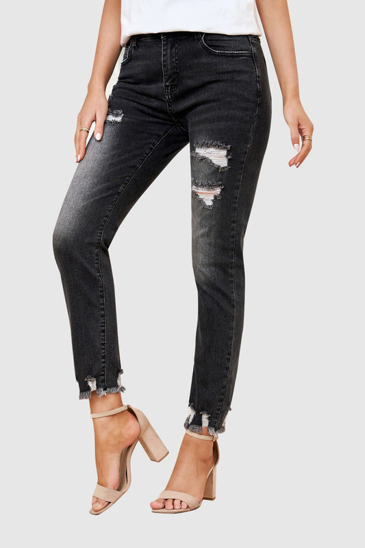 Solid Color Casual Mid-Rise Skinny Jeans with Ripped Details