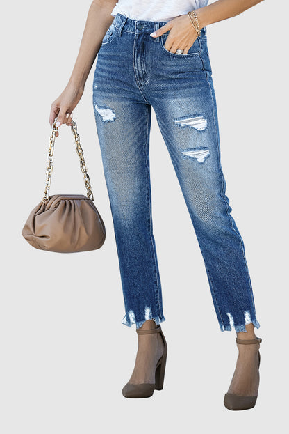 Solid Color Casual Mid-Rise Skinny Jeans with Ripped Details