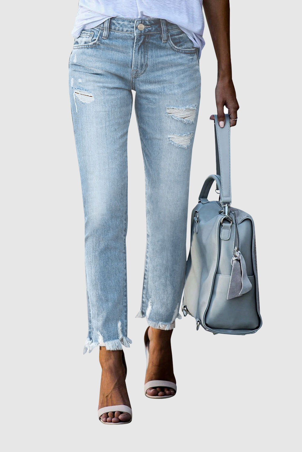 Solid Color Casual Mid-Rise Skinny Jeans with Ripped Details