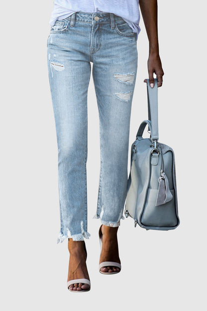 Solid Color Casual Mid-Rise Skinny Jeans with Ripped Details