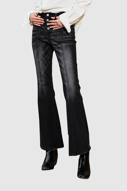 Women's Button Zipper Seamed Flare Casual Jeans