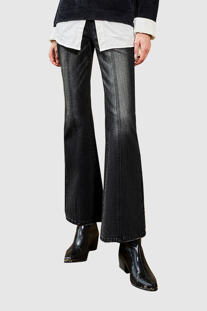 Women's Button Zipper Seamed Flare Casual Jeans