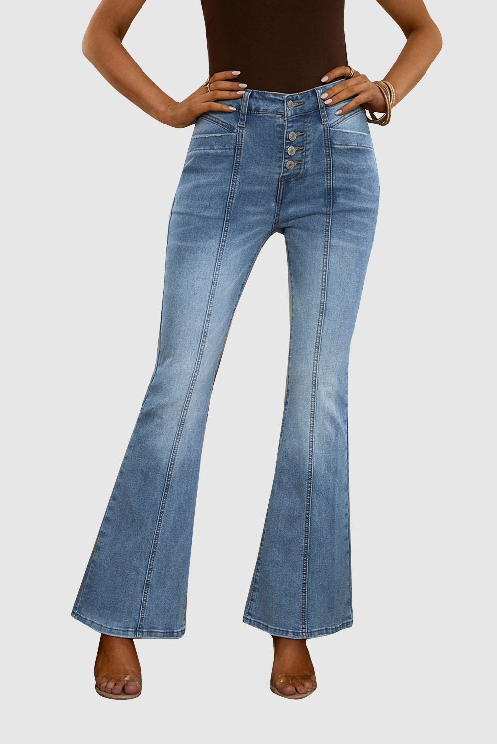 Women's Button Zipper Seamed Flare Casual Jeans