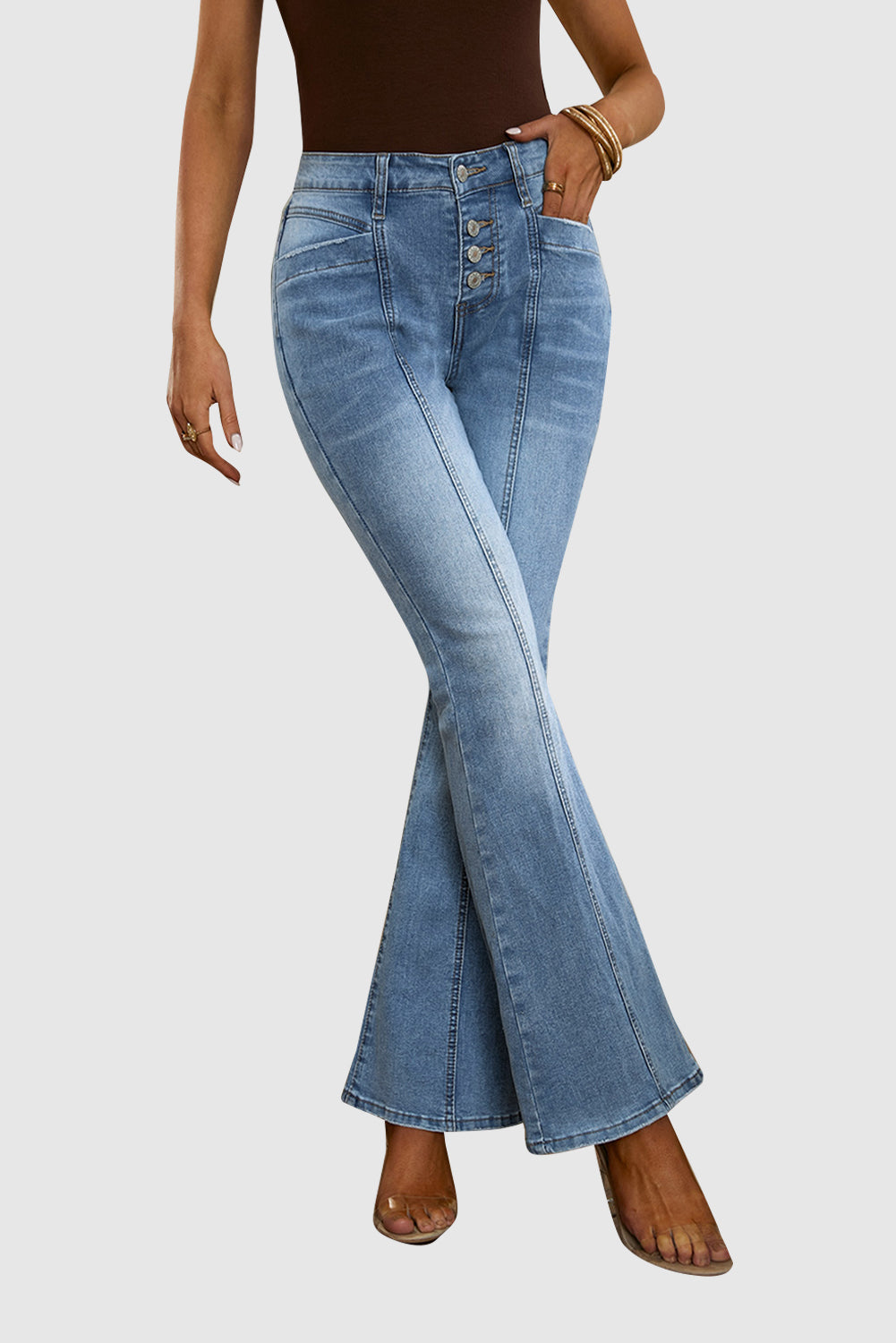 Women's Button Zipper Seamed Flare Casual Jeans