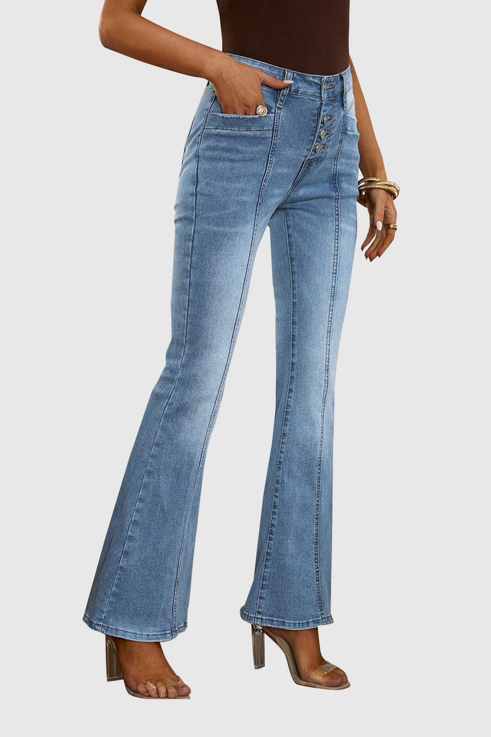 Women's Button Zipper Seamed Flare Casual Jeans