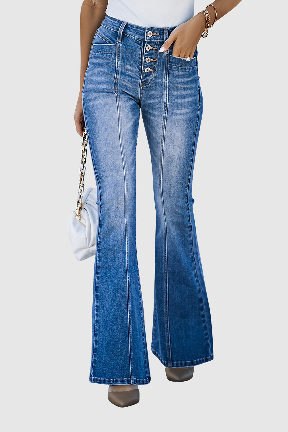 Women's Button Zipper Seamed Flare Casual Jeans