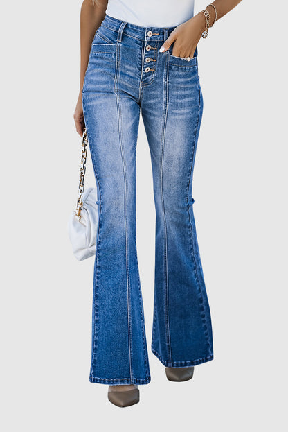 Women's Button Zipper Seamed Flare Casual Jeans