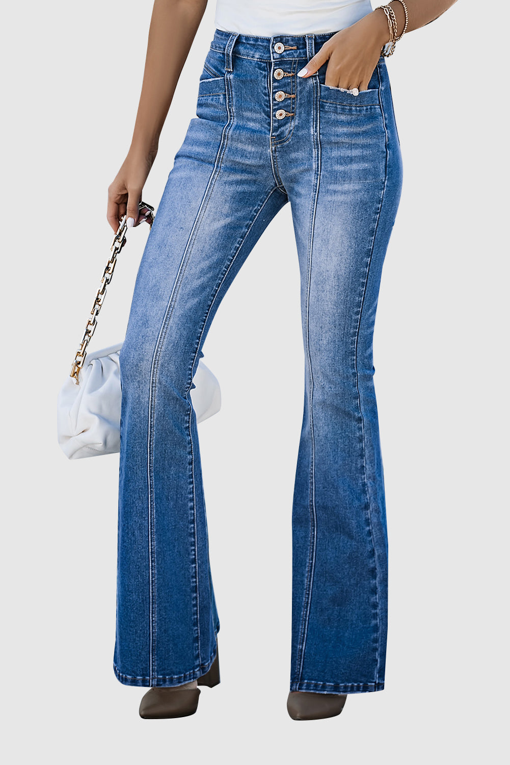 Women's Button Zipper Seamed Flare Casual Jeans