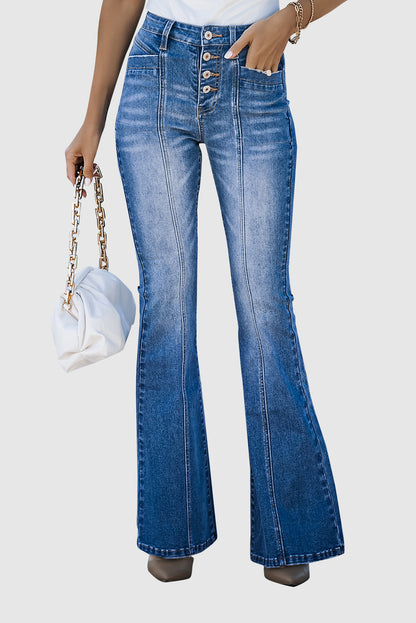 Women's Button Zipper Seamed Flare Casual Jeans