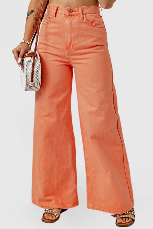 Orange Acid Wash High-Rise Wide-Leg Jeans
