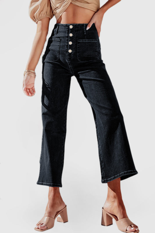 High Waist Cropped Wide Leg Jeans with 4-Button Detail