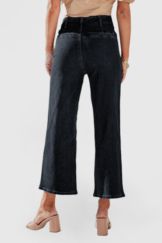 High Waist Cropped Wide Leg Jeans with 4-Button Detail