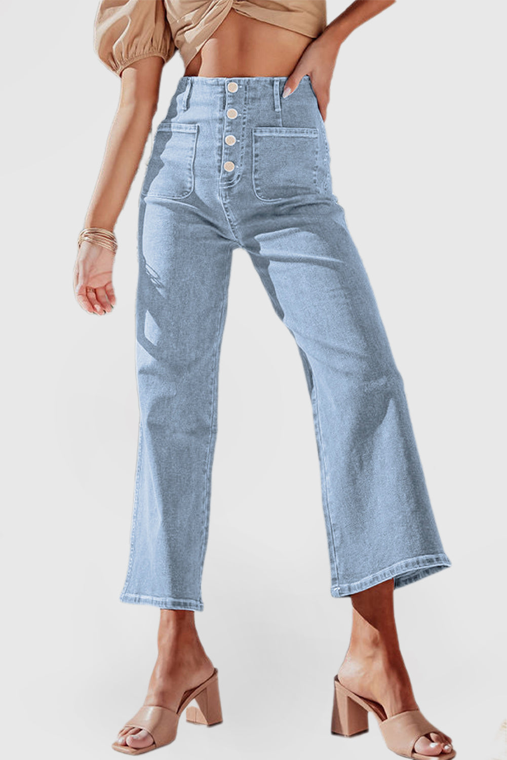 High Waist Cropped Wide Leg Jeans with 4-Button Detail