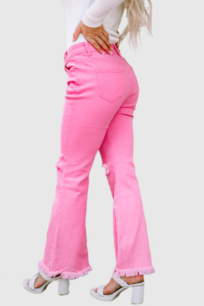 Pink Vintage-Inspired High-Waisted Flared Jeans with Ripped Raw Hem