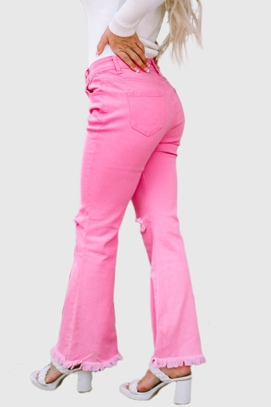 Pink Vintage-Inspired High-Waisted Flared Jeans with Ripped Raw Hem