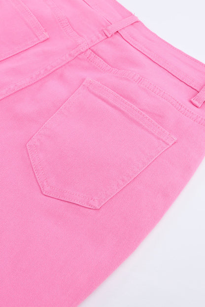 Pink Vintage-Inspired High-Waisted Flared Jeans with Ripped Raw Hem