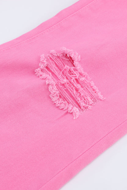 Pink Vintage-Inspired High-Waisted Flared Jeans with Ripped Raw Hem