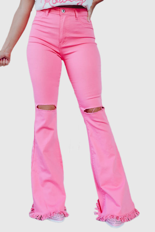 Pink Vintage-Inspired High-Waisted Flared Jeans with Ripped Raw Hem